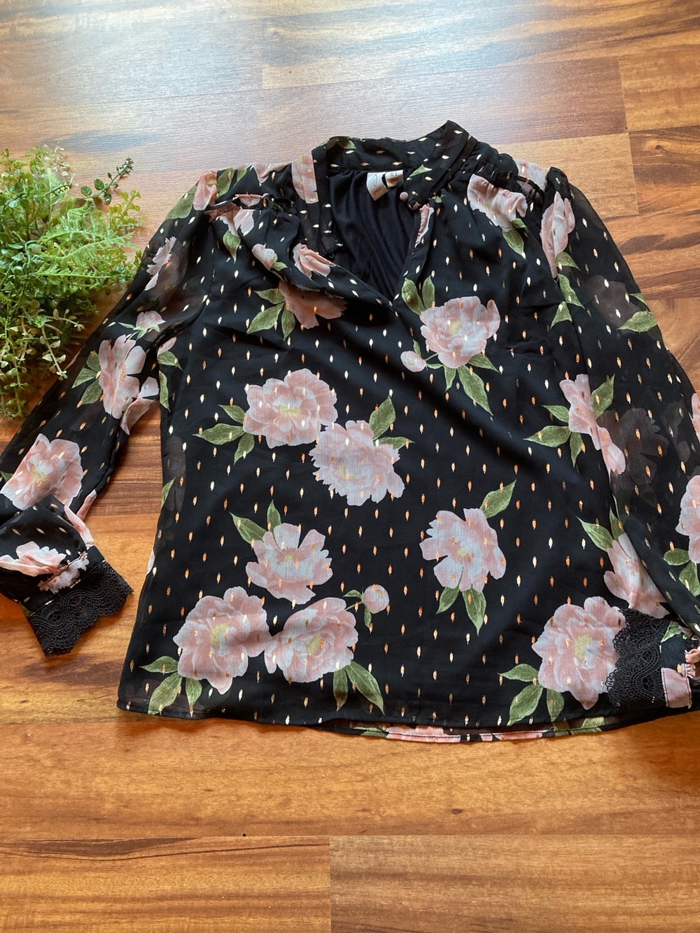 Joie Medium long sleeve high neck gold flecked floral on black blouse